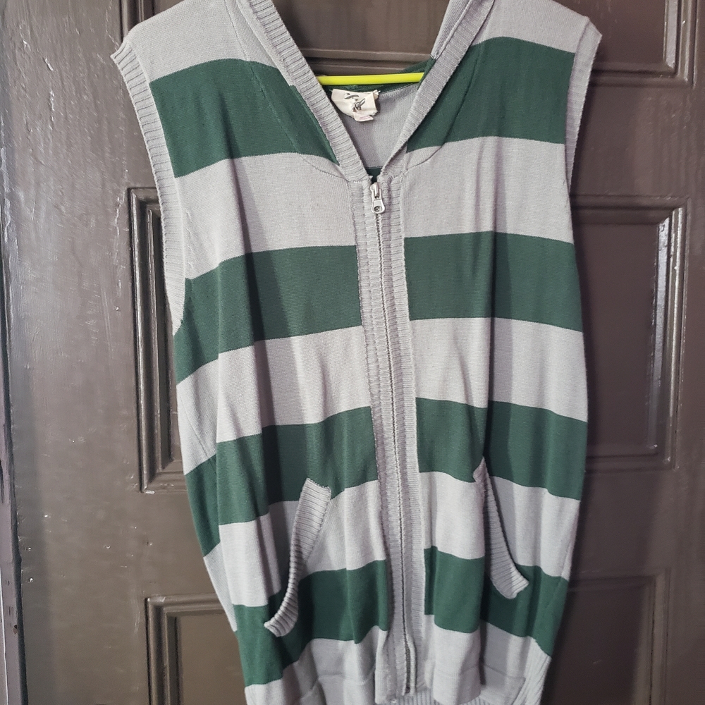 Green and Gray Striped Sleeveless Hoodie